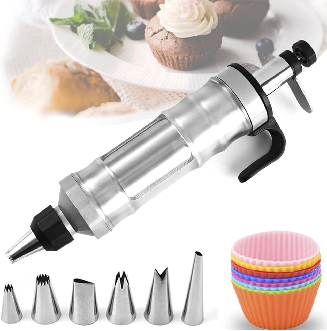 Dessert Decorating Syringe Set, Frosting Piping Kit Stainless Steels Cake Decorating Kit 6 Piping Tips Cupcake Decorating Kit Piping Bags and Tips Set